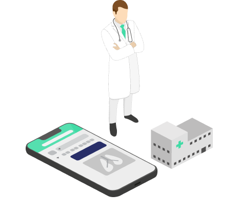 Illustration eines Doktors, Handys und Krankenhausgebäudes